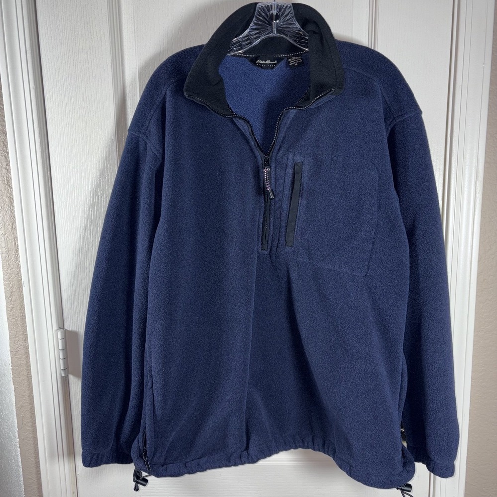 Eddie Bauer Men's M Polartec Pullover EUC Navy Quarter Zip Front Pocket Hem Ties